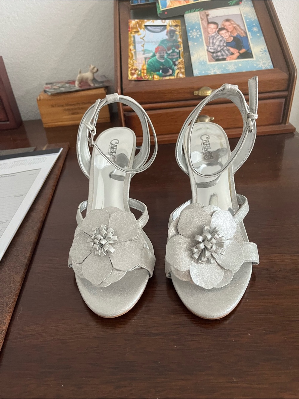 Carlos Santana Silver Floral Ankle-Strap Heels with Flower Appliqué